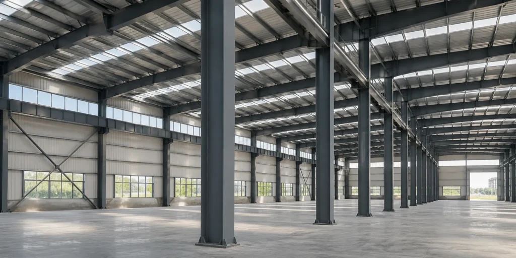 Heavy-duty steel columns with crane runway beams in an industrial factory building