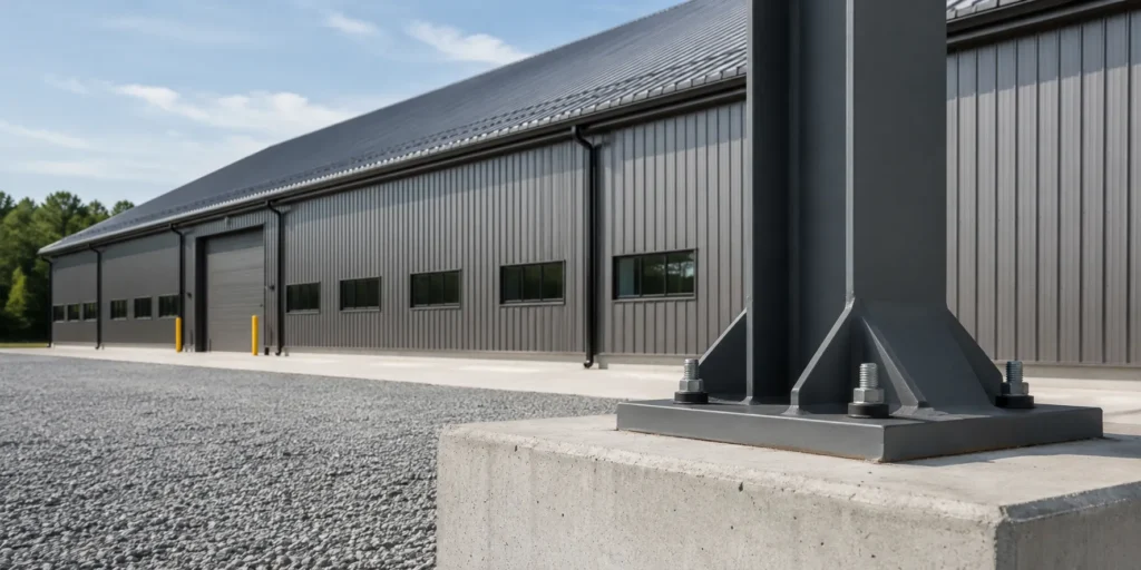 Steel warehouse exterior with metal cladding roof panels and anchor bolts