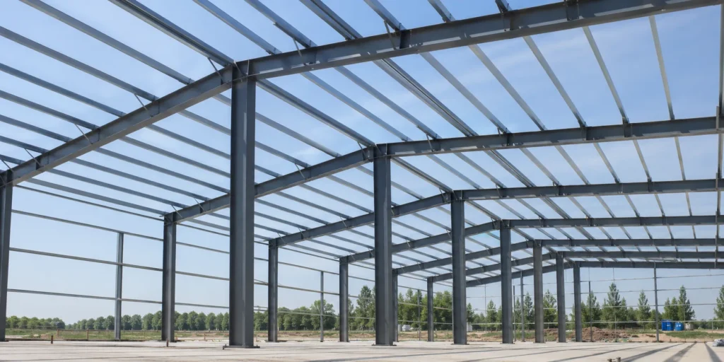 Interior view of steel building components including columns beams and purlins