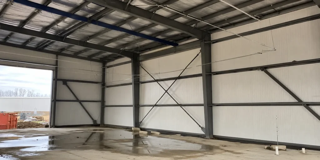 Steel building bracing system with X bracing and wall support members