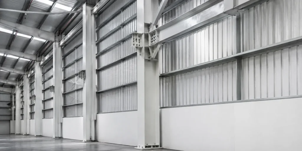 Coated steel columns in a factory building with wall cladding and roof framing