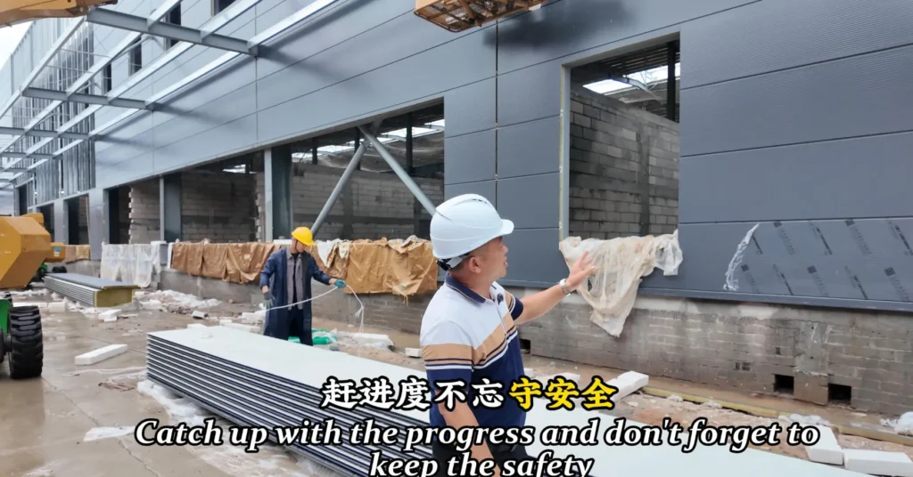 Steel building wall panel installation while keeping safety first during project progress