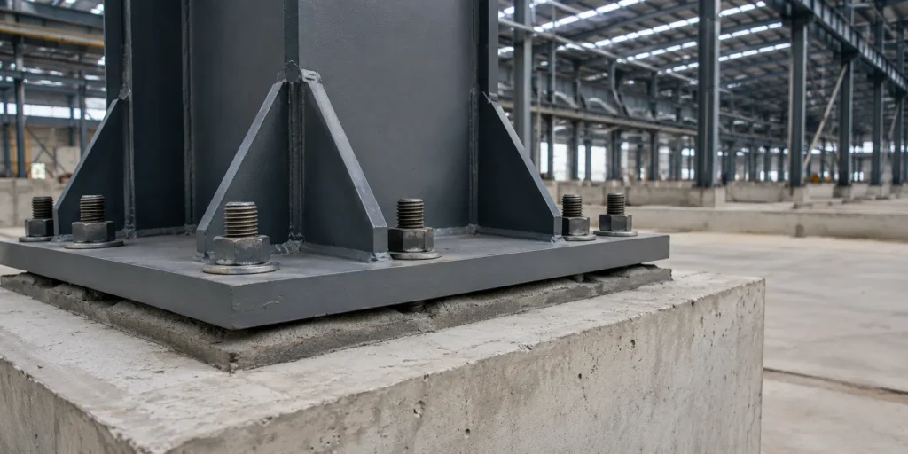 Steel column base plate with anchor bolts fixed to a concrete foundation