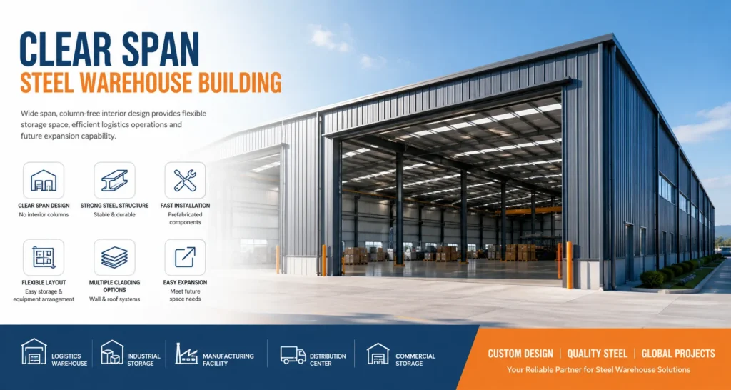 clear span steel warehouse building for industrial storage