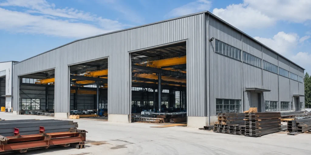 Crane-ready steel workshop building for industrial production and fabrication