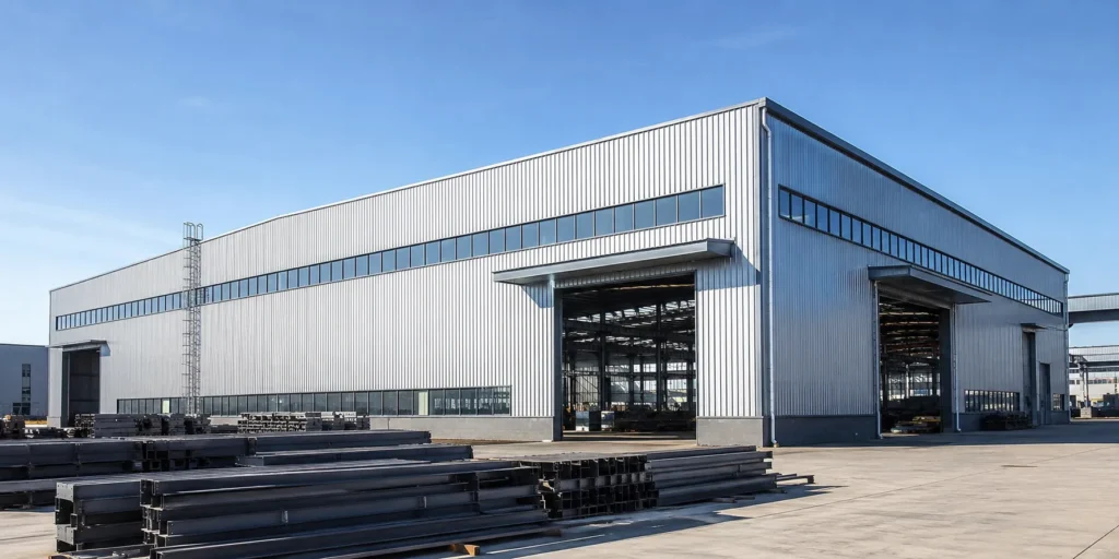 Industrial steel frame building exterior with stacked steel beams for heavy-duty projects