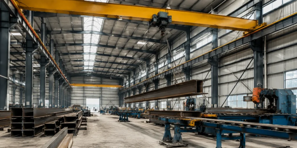 Interior of steel workshop building with overhead crane lifting steel beam