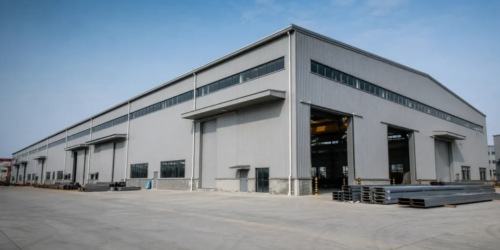 Pre-engineered industrial steel building exterior for factory and production plant