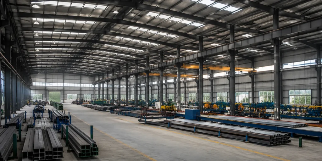 Interior of pre-engineered industrial steel building with production space and steel structure