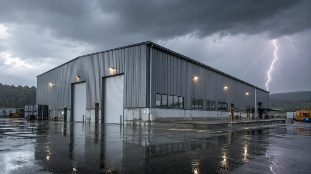 steel buildings in extreme weather during heavy rain and strong winds