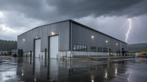 steel buildings in extreme weather during heavy rain and strong winds