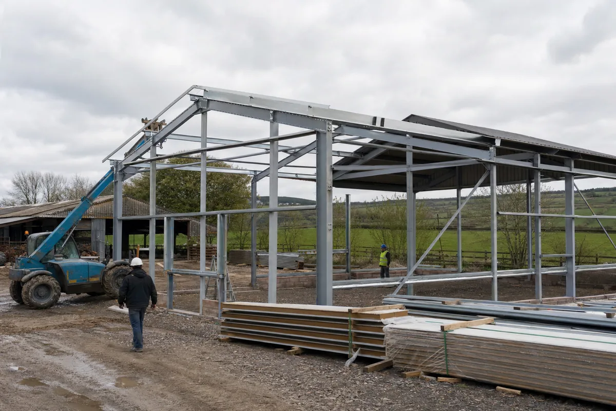 Agricultural steel building frame under construction in a rural setting