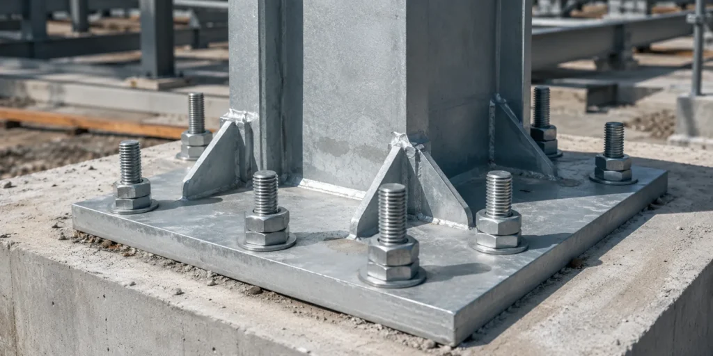 Steel column base plate connection with anchor bolts