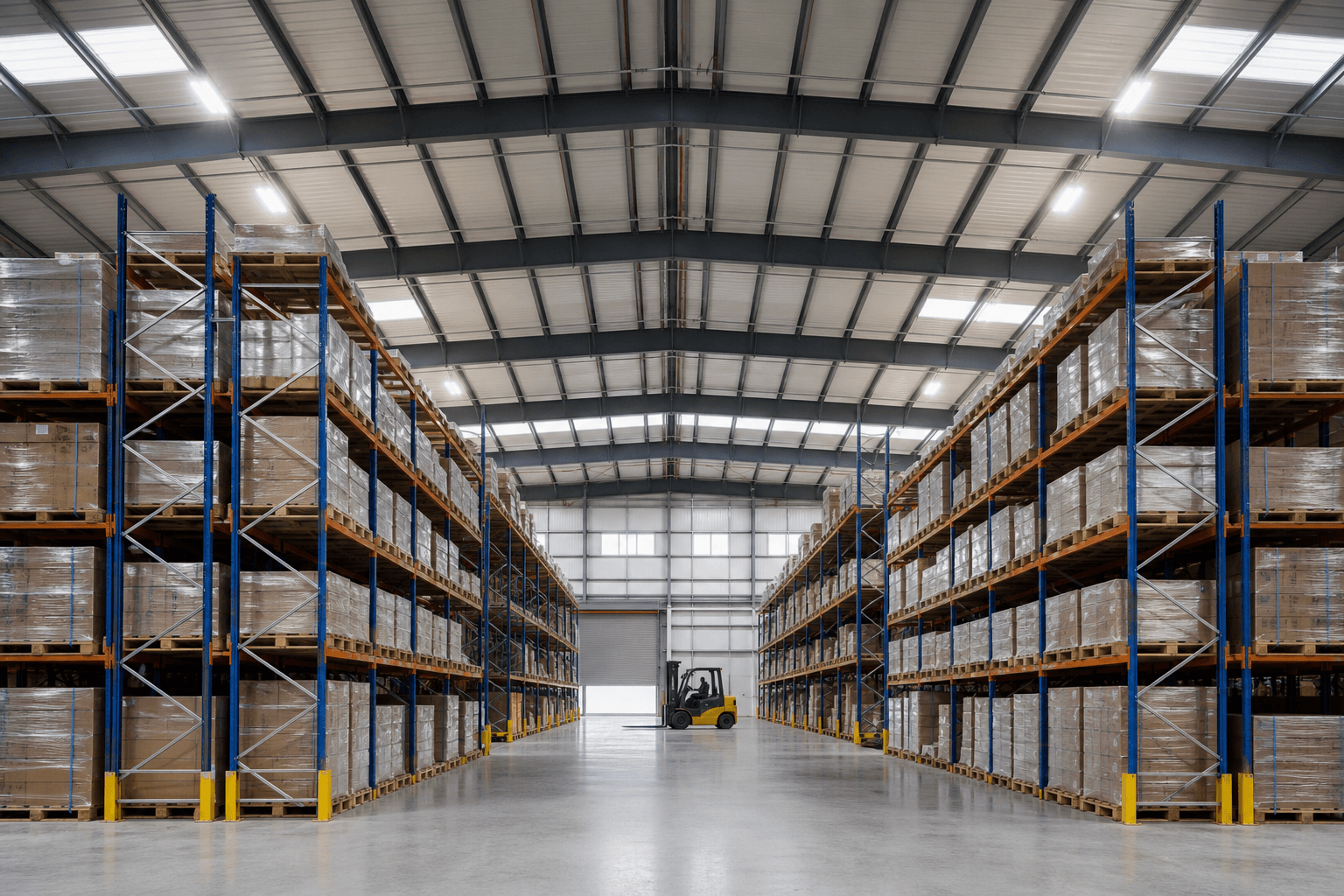 Clear-span steel warehouse interior with pallet racking and forklift aisles