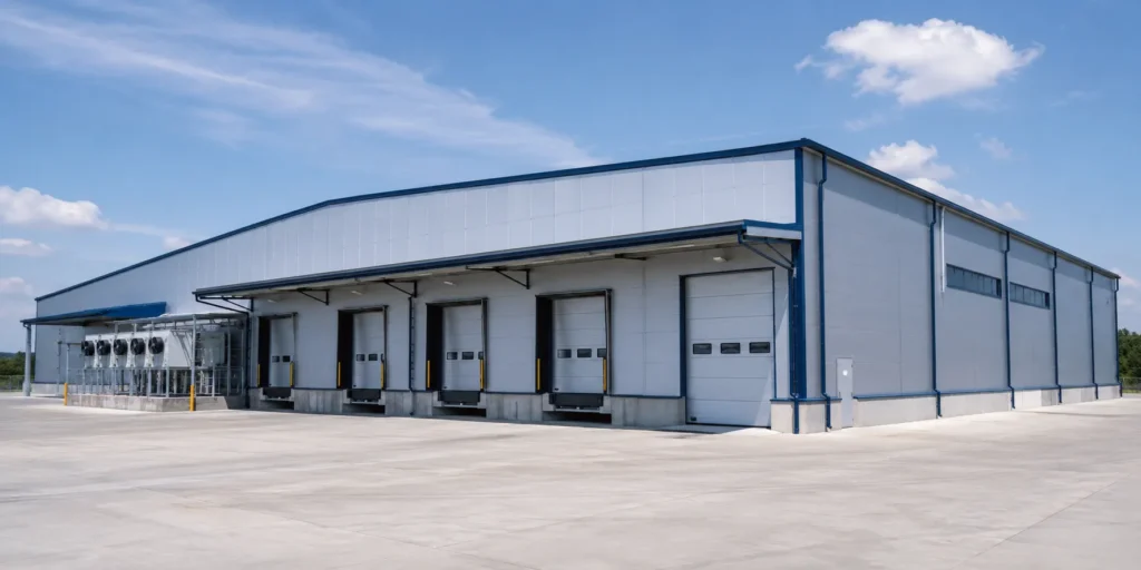 Cold storage steel warehouse building with insulated panels and multiple loading doors