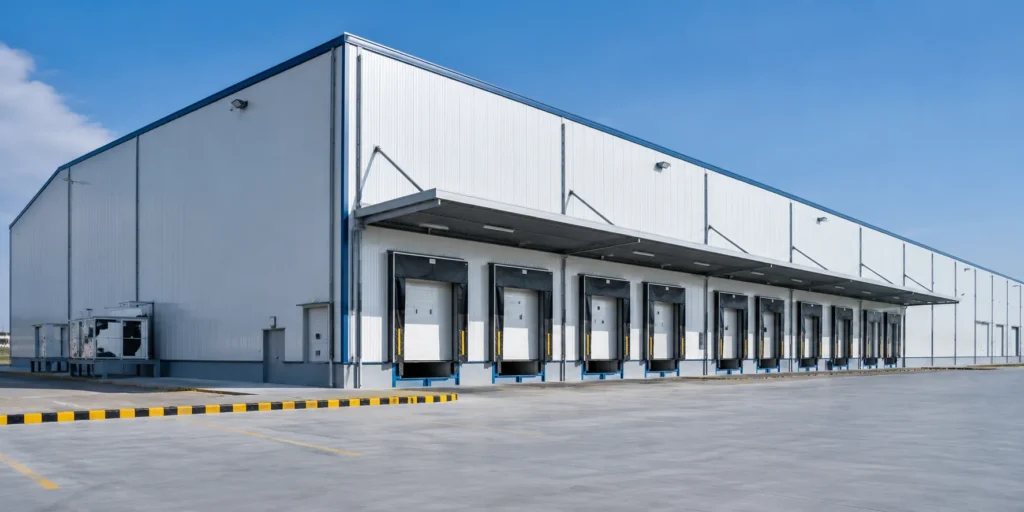Cold storage steel warehouse building with insulated wall panels and loading dock doors