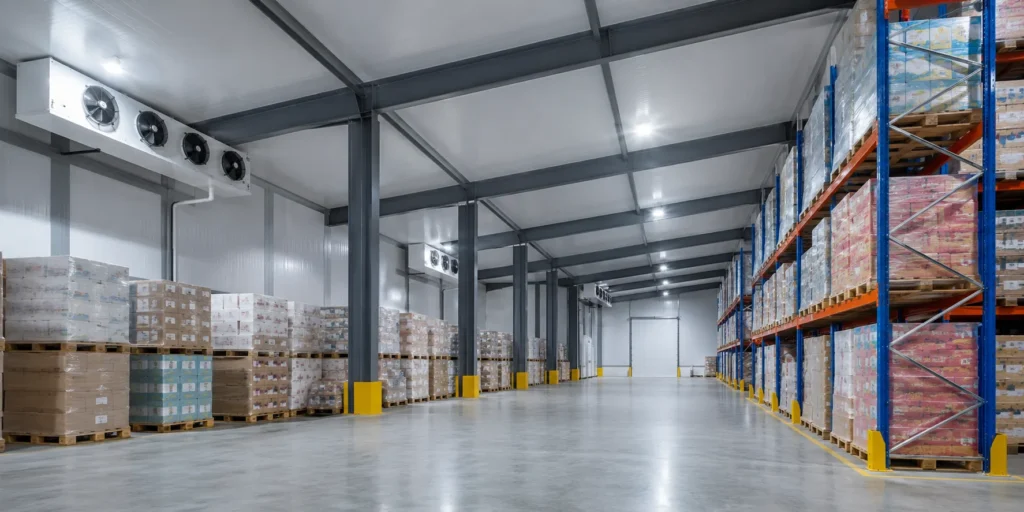 Interior of cold storage steel warehouse with insulated panels refrigeration units and pallet racks