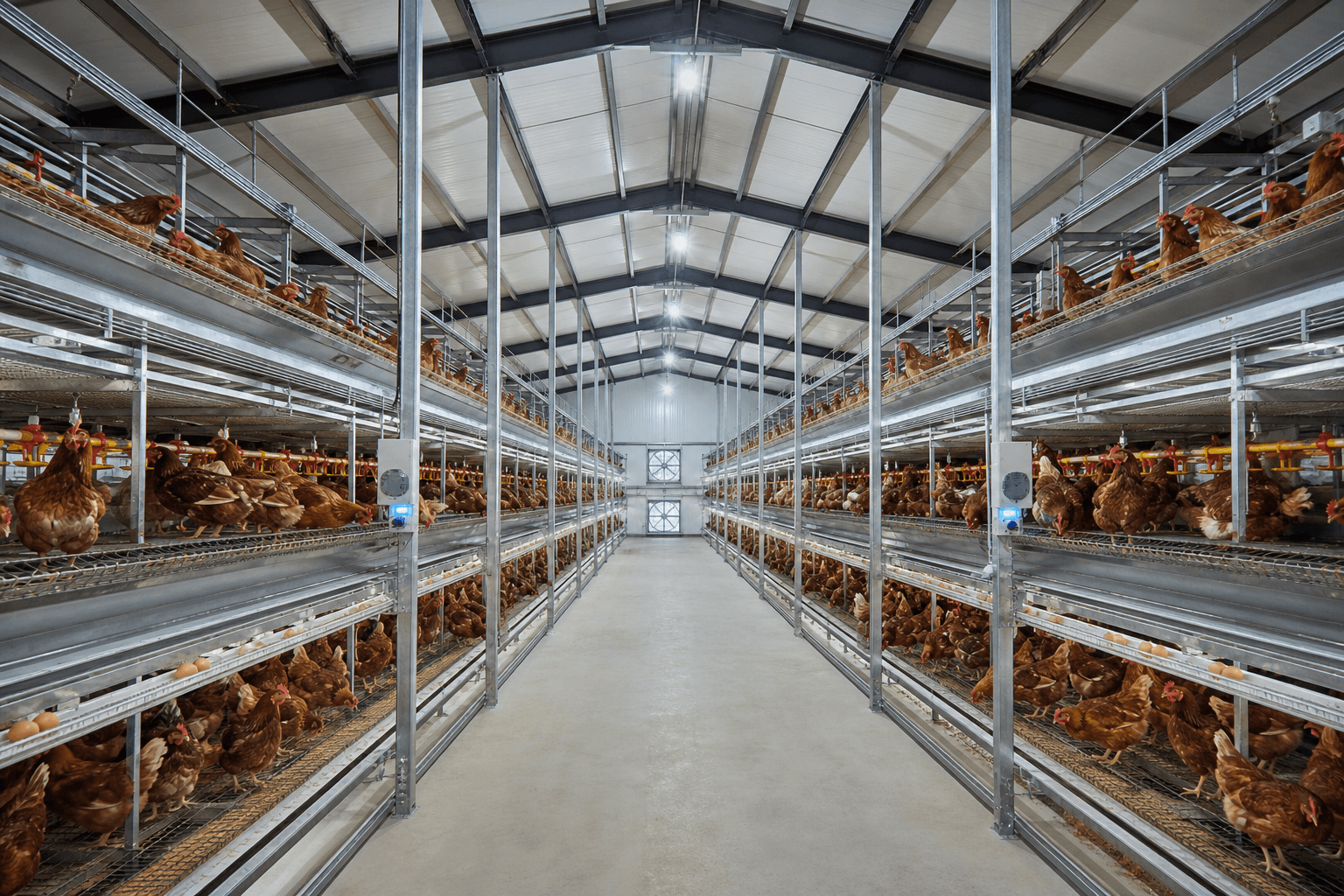 Commercial layer poultry building interior with automated feeding and environmental control