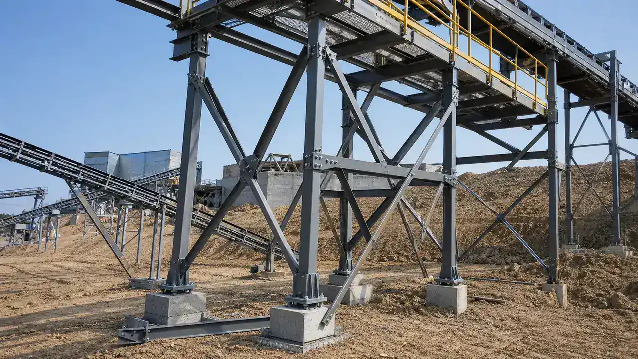 Steel frame installation for a bulk material conveyor support structure
