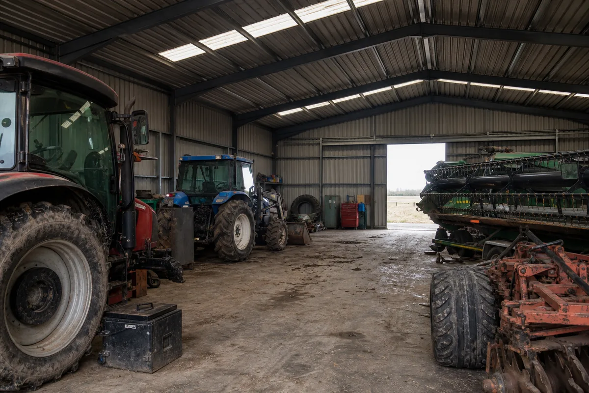 Steel agricultural building used for farm equipment and machinery storage