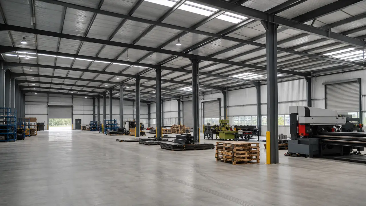 Interior layout of a multi-bay steel workshop for flexible production