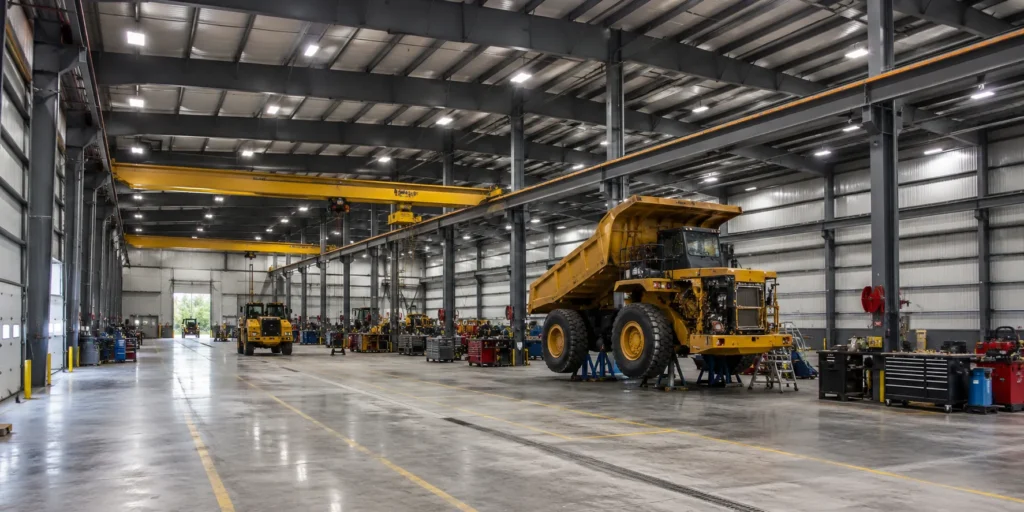 Interior of industrial equipment maintenance workshop with overhead crane and heavy-duty service space