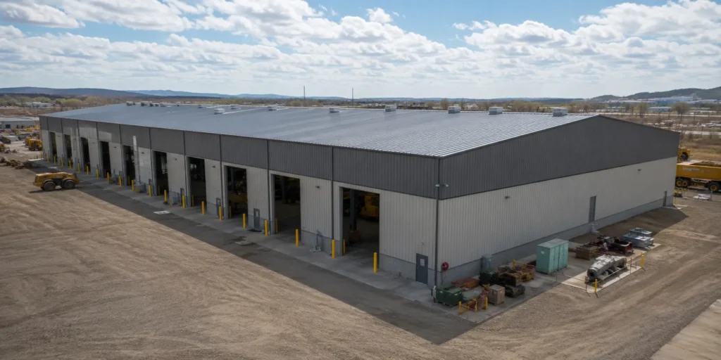 Aerial view of industrial maintenance workshop building for heavy equipment service and repair