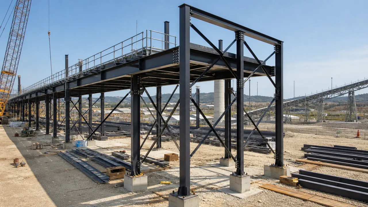 Steel conveyor support structure construction with bolted industrial frames