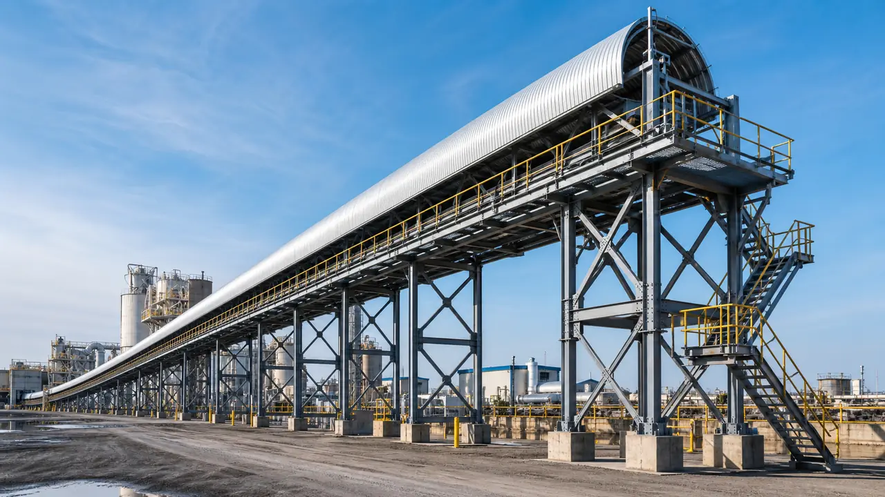 Outdoor steel conveyor support structure with an elevated conveyor gallery