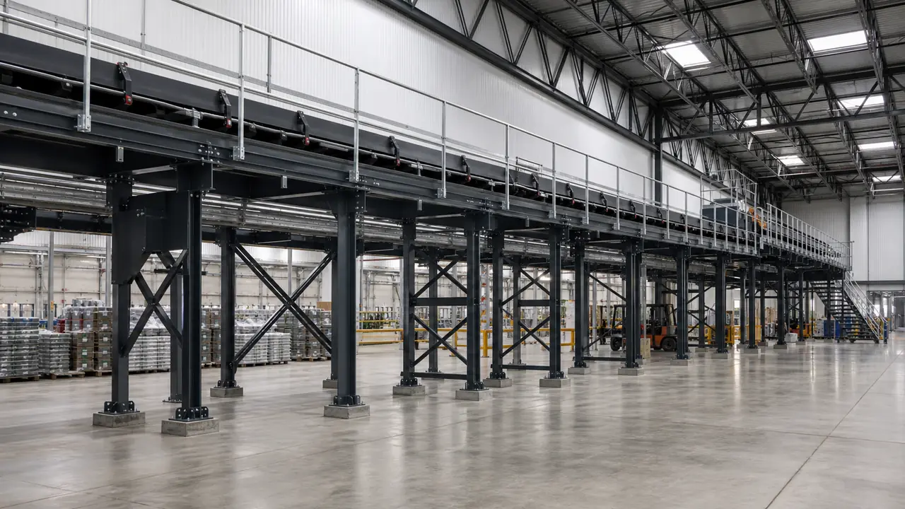 Industrial steel conveyor support structure inside a material handling facility