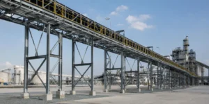 Estructura de soporte de transportador de acero industrial para manipulación de materiales con estructura de acero elevada y pasarela transportadora