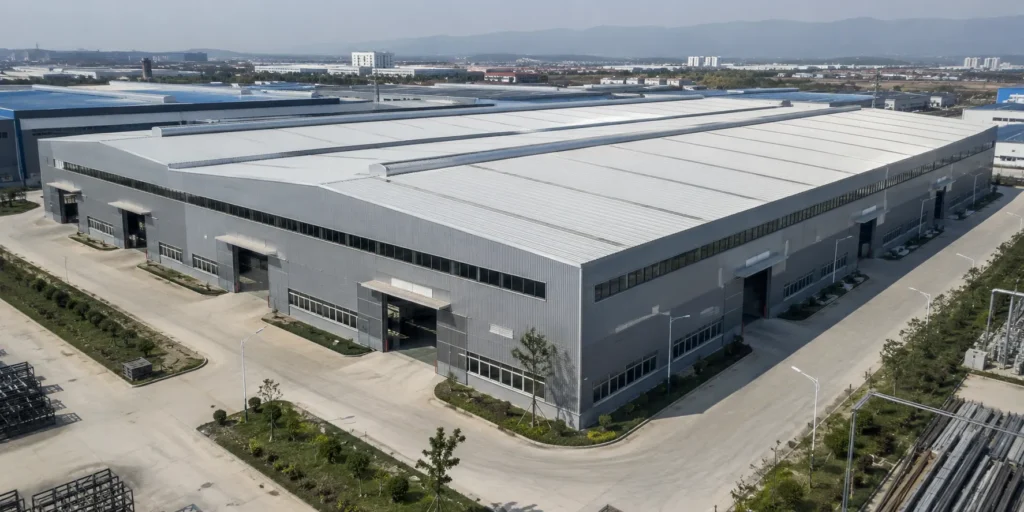 Aerial view of large steel assembly workshop building for production lines and manufacturing operations