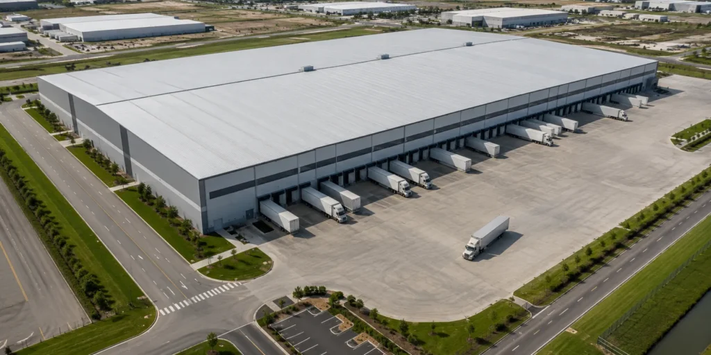 Aerial view of large steel warehouse building with loading docks and logistics truck yard