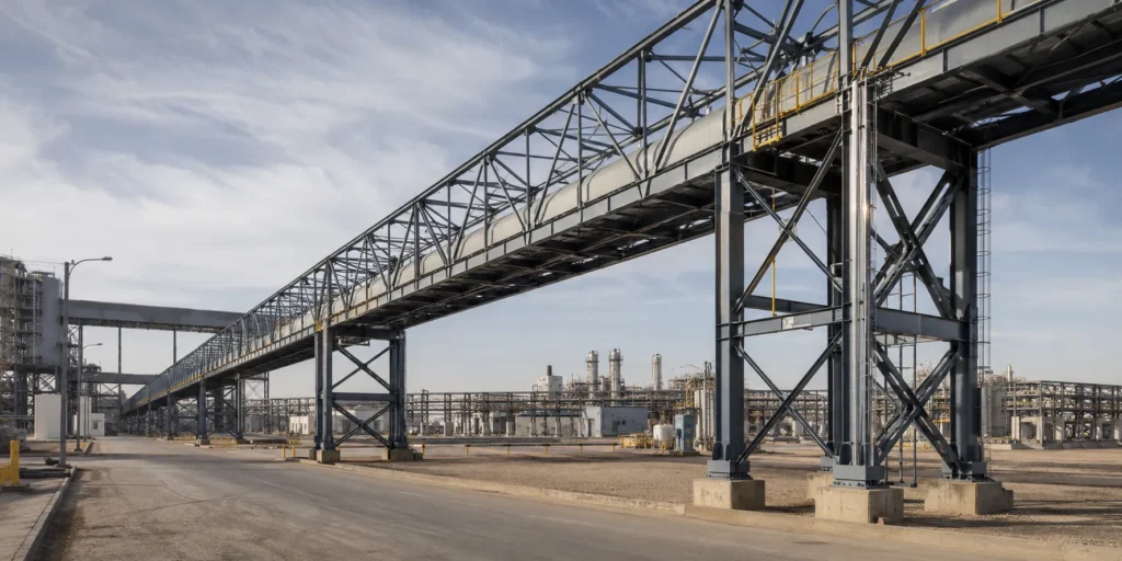 Long span industrial steel conveyor support system for material handling in a processing plant
