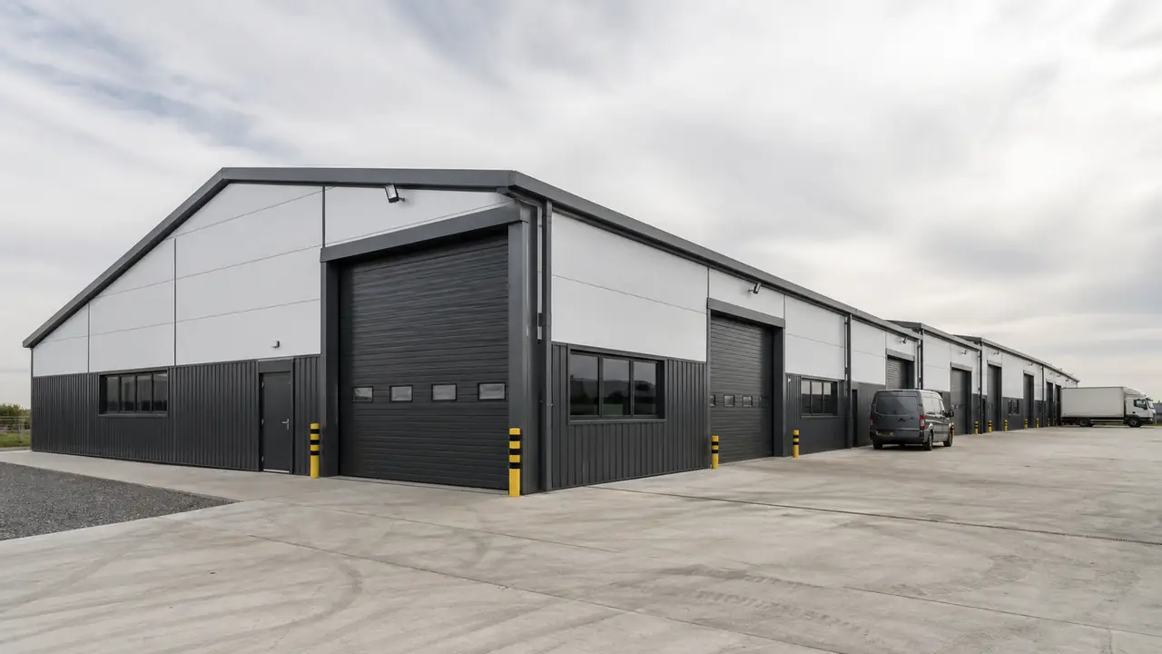 Multi-bay steel workshop building with flexible production bays