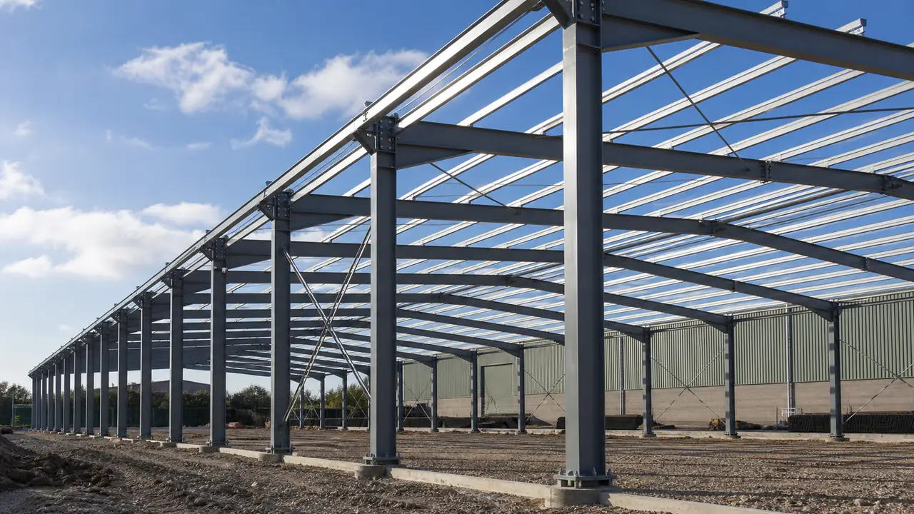 Steel frame installation for a multi-bay workshop building