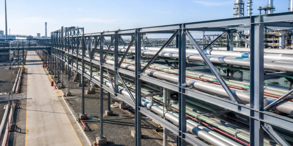 Overhead steel pipe rack structure crossing a process plant roadway with exposed steel bracing