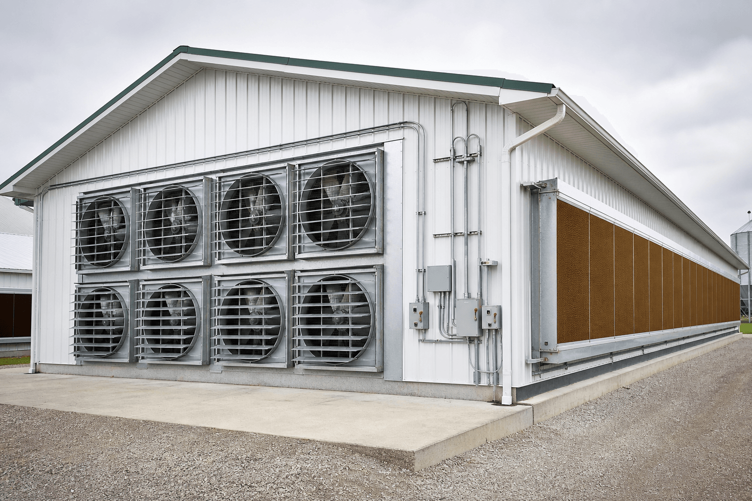 Tunnel ventilation fans and cooling system for a steel poultry farm building