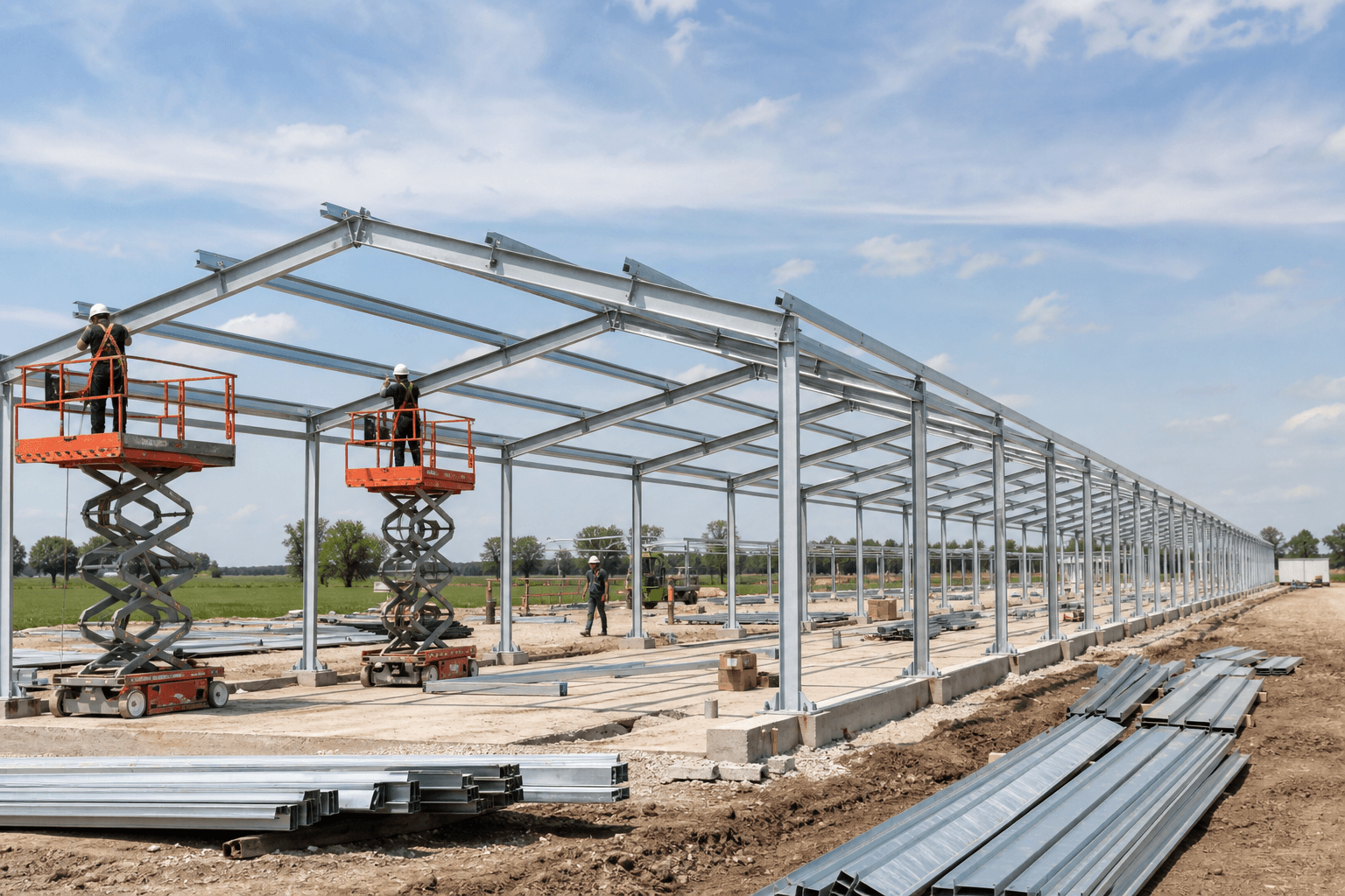 Prefabricated steel poultry house frame under construction on a farm site