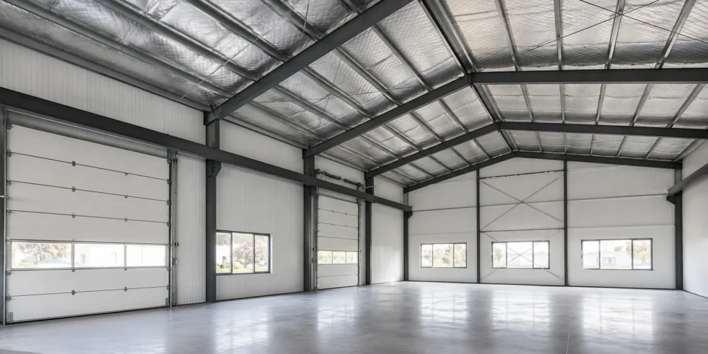 Reflective roof insulation inside a prefabricated steel building