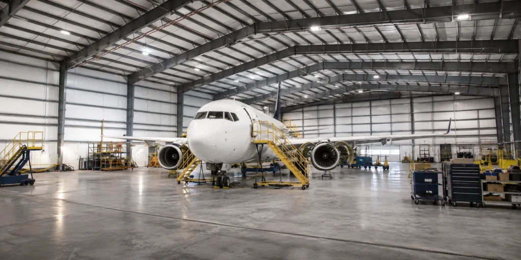 Steel aircraft maintenance hangar with open working space