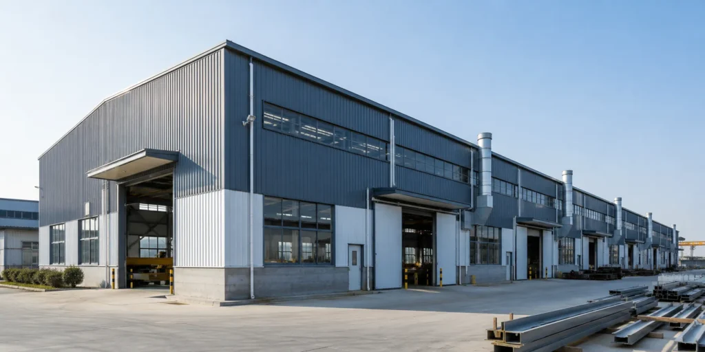 Steel assembly workshop building exterior with metal wall panels large doors and production material storage