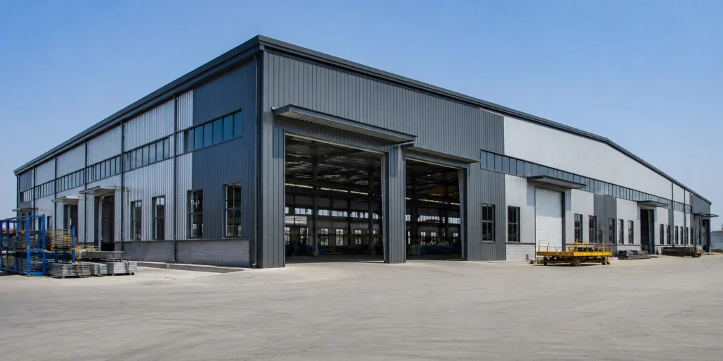 Steel assembly workshop building for production lines with large-span steel frame and metal cladding