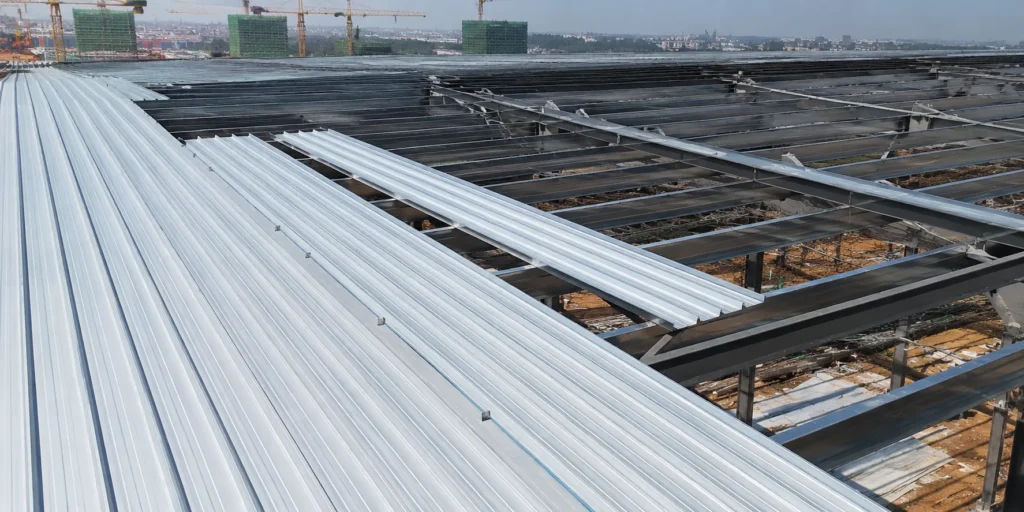 Steel building roof cladding installation with metal roof panels