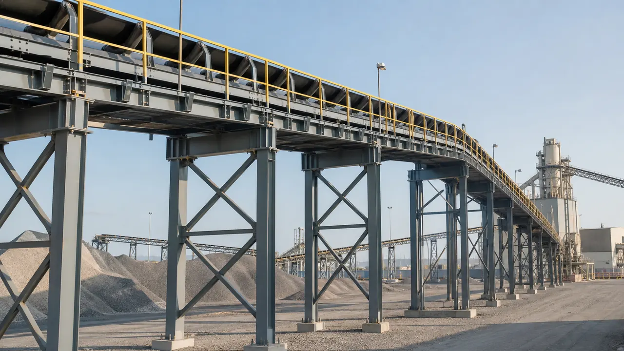 Steel conveyor support structure for an industrial belt conveyor system