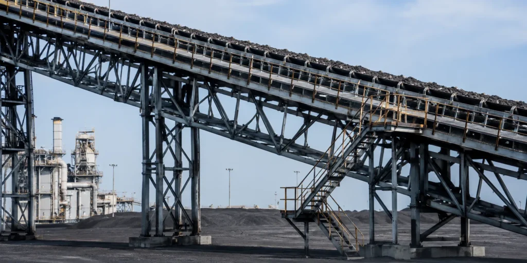 Steel conveyor support structure with access stairs cross bracing and elevated material handling conveyor