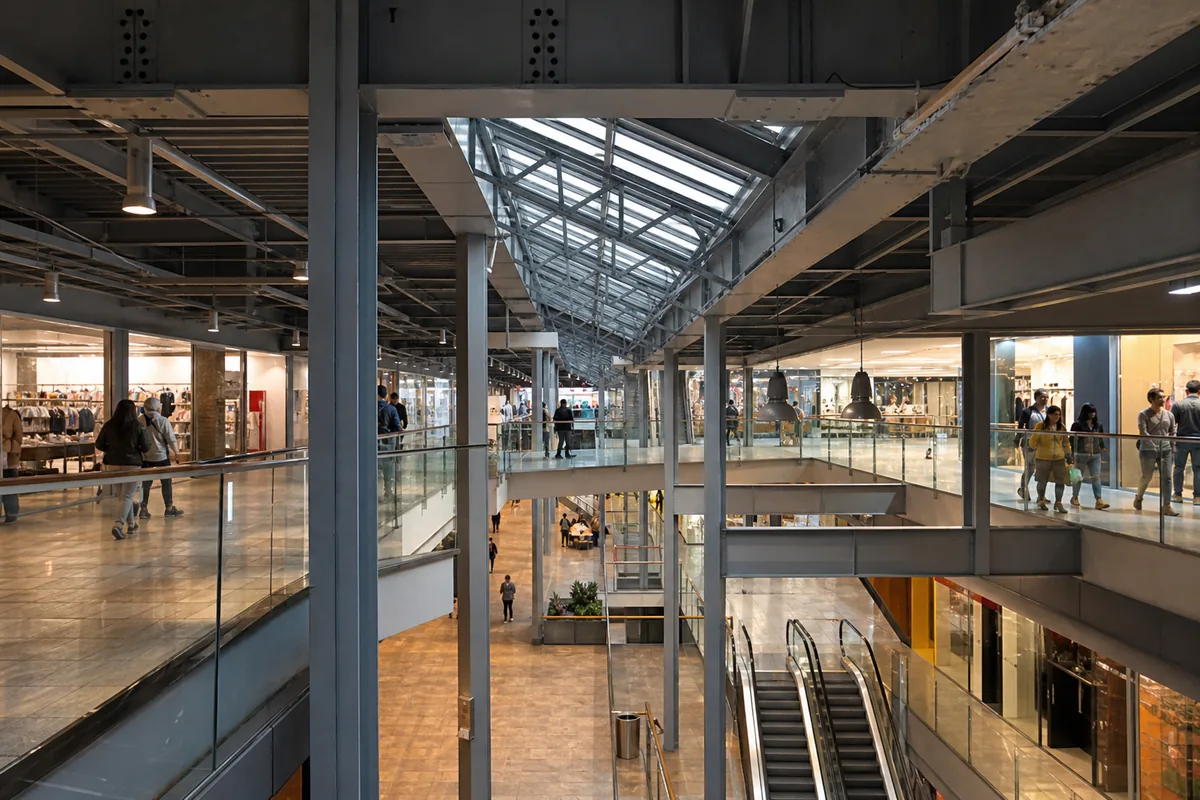 Atrio de centro comercial con estructura de acero, techo de gran luz y niveles comerciales