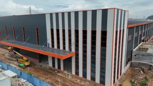 Exterior view of a steel logistics warehouse building for distribution centers