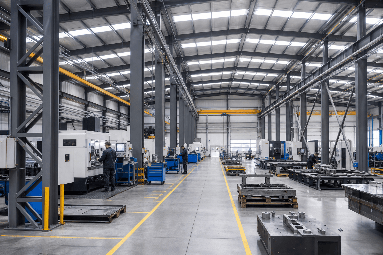 Steel manufacturing workshop interior with CNC machines and organized production aisles