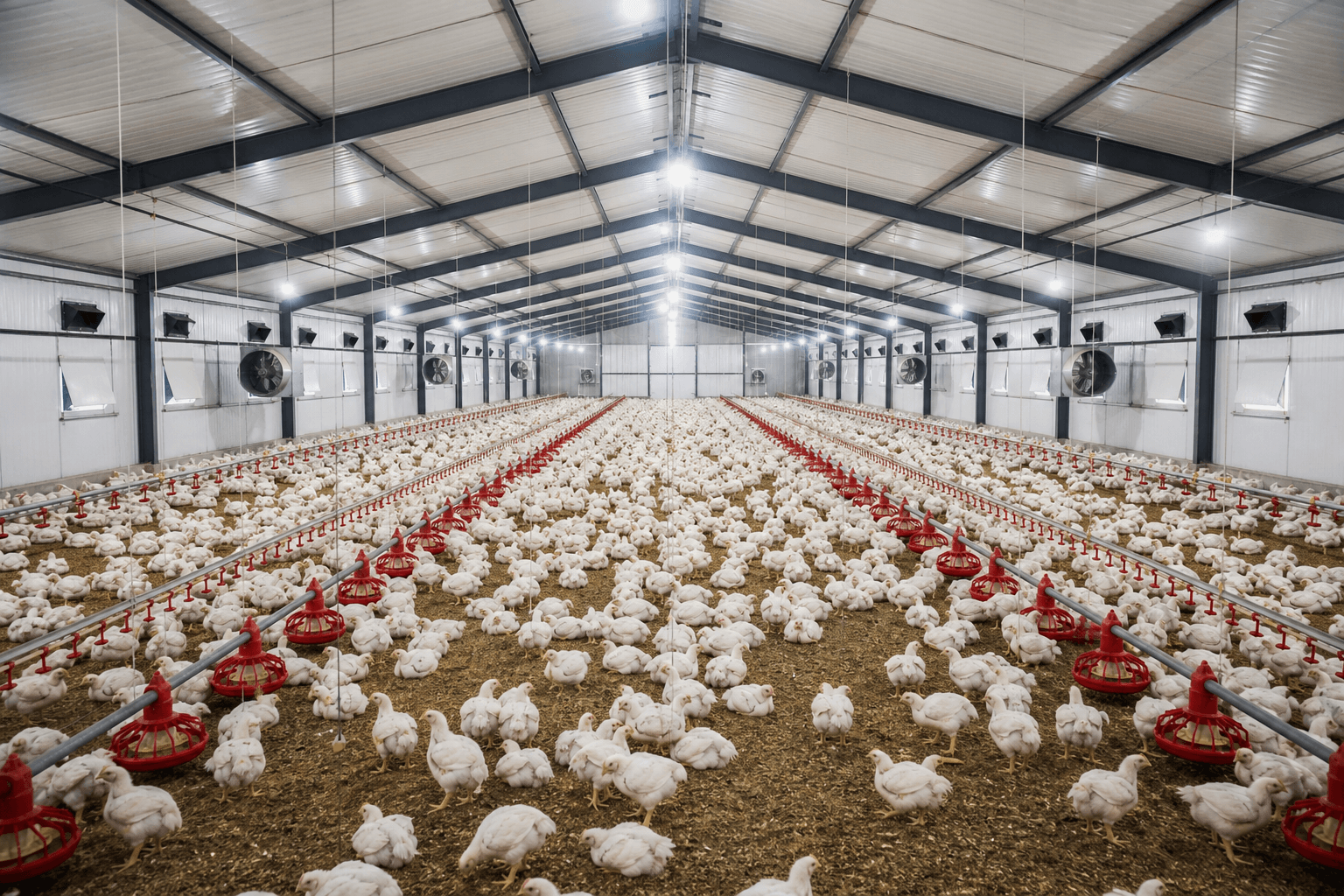 Interior of a prefabricated steel poultry house with automated feeding and drinking lines